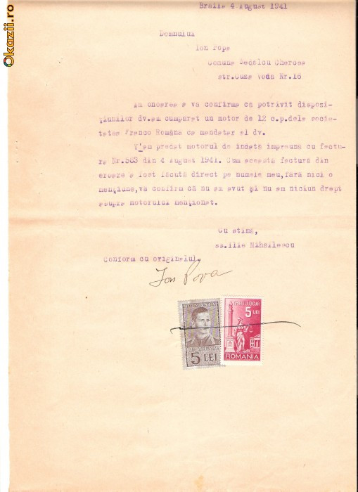 120 Document vechi fiscalizat-4aug1941-BRAILA ,comuna Nedelcu Chercea, motor