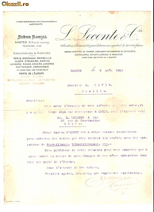 167 Document vechi in limba franceza -Nantes1920- ,,L. Leconte &amp;amp; Cie&quot; agentie maritima, referitor la Alger -catre A.Davis(grec?) Braila-filigran