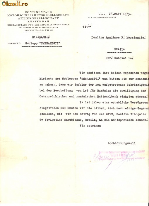 197 Document vechi in germana -26mar1935,Wien -Continentale Motorschiffahrtsgesellschaft Amsterdam, catre Dumitru Agudimos P.Merminghis(grec?)Braila