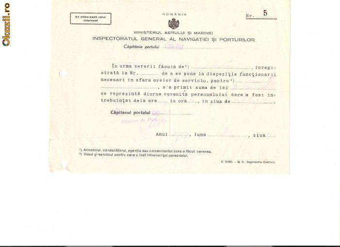 218 Document vechi -1937 -Ministerul Aerului si marinei-Inspectoratul General al Navigatiei si Porturilor -Capitania Portului Gura-Prut