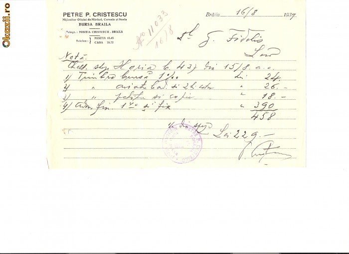 223 Document vechi -1939, Petre P.Cristescu, Mijlocitor Oficial de Marfuri, Cereale si Navlu -Bursa Braila -catre Gh.Fidelis(grec?) -hartie filigran 223 Document vechi -1939, Petre P.Cristescu, Mijlocitor Oficial de Marfuri, Cereale si Navlu -Bursa Braila -catre Gh.Fidelis(grec?) -hartie filigran