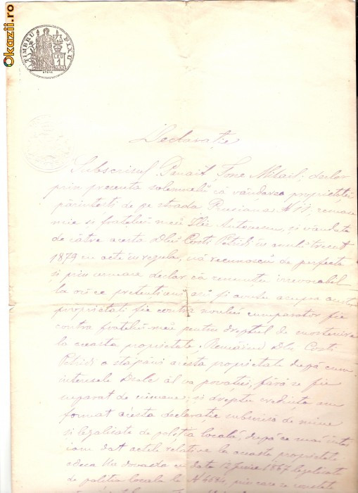 243 Document vechi fiscalizat -1880 -Declaratie de vanzare, Panait Tane Mihail , catre Costi Petridi(grec?)-timbru fix, timbru sec,filigran,,ROMANIA..