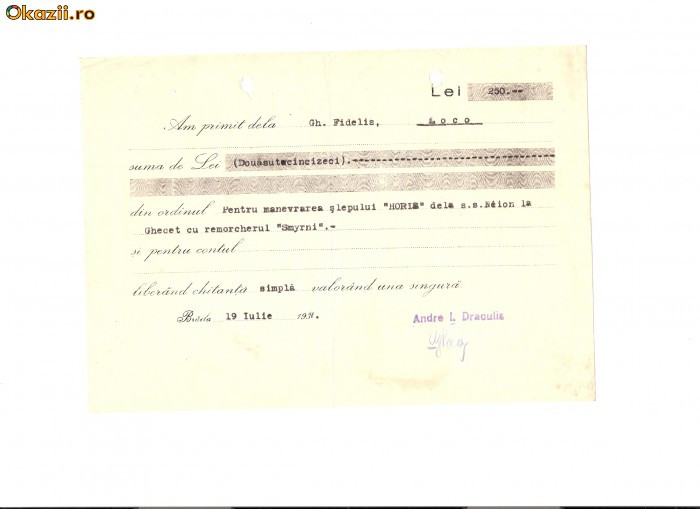 228 Document vechi -1937, Chitanta- Andre I.Draculis, pentru G.Fidelis(greci)manevra Slep,,Horia&quot;, cu remorcher ,,Smyrni&quot;,la Ghecet