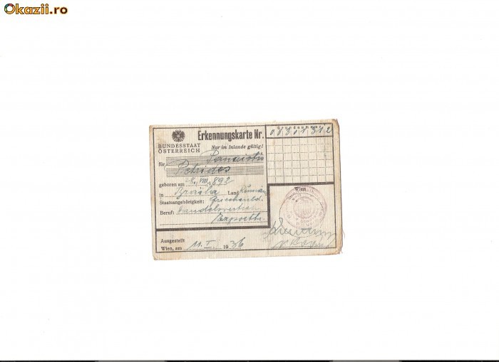 248 Document vechi -1936 -Legitimatie austriaca? Panaiotis Petrides(grec? din Braila) -Erkennungskarte - Bundesstaat Osterreich