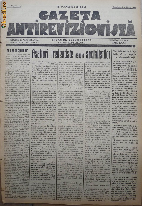 Gazeta antirevizionista , an 1 , nr 14 , Arad , 1934