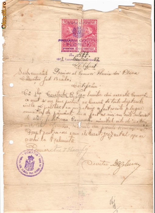 260 Document vechi fiscalizat-1927 -Certificat eliberat de Primar Nae Gheorghe al Comunei Florica, plasa Calmatui jud.Braila, pt.Constantin R.Tapu