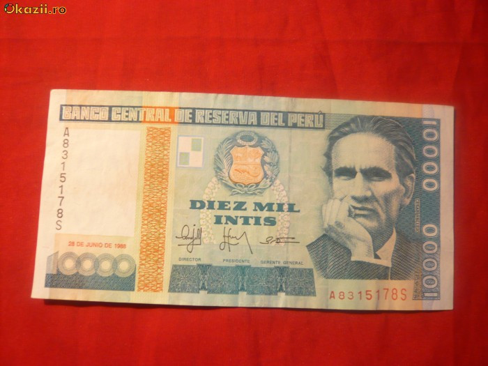 Bancnota 10 000 Intis PERU 1988 , cal.F.Buna