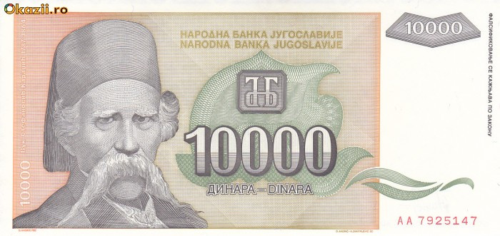 Bancnota Iugoslavia 10.000 Dinari 1993 - P129 UNC