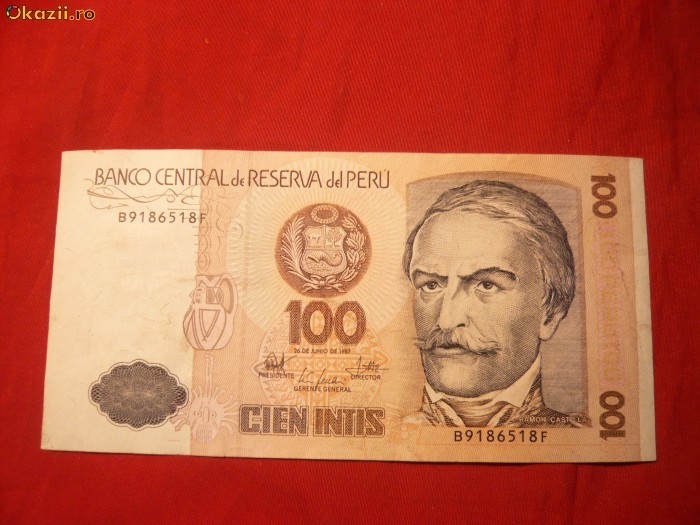 Bancnota 100 Intis PERU 1987 , cal.F.Buna