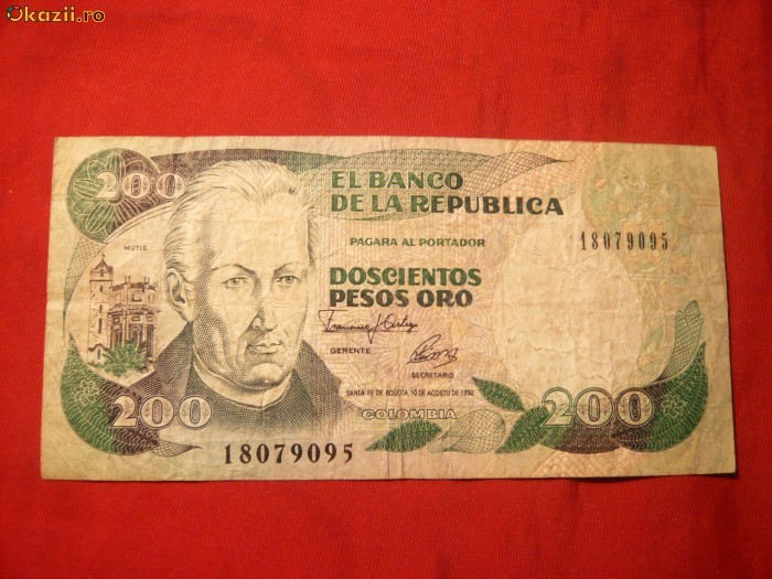 Bancnota 200 Pesos de aur 1992 COLUMBIA , cal.medie