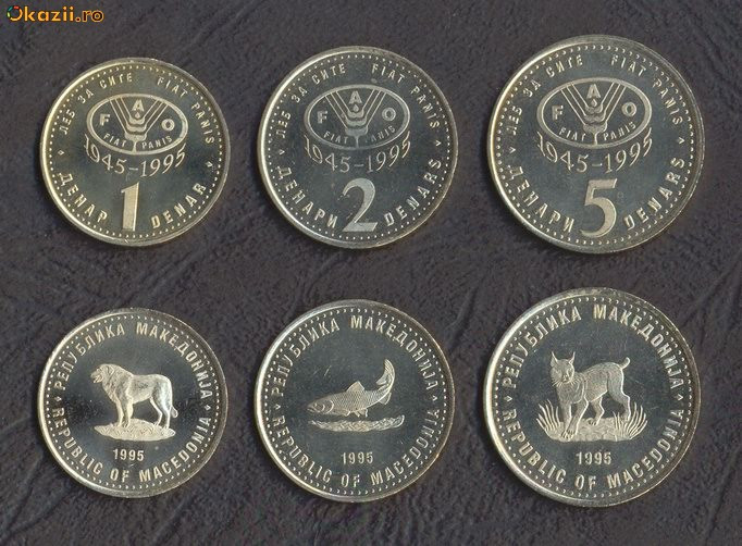 MACEDONIA █ SET COMPLET FAO DE MONEDE █ 1, 2, 5 Denari █ 1995 █ KM-5-6-7 █ UNC MACEDONIA █ SET COMPLET FAO DE MONEDE █ 1, 2, 5 Denari █ 1995 █ KM-5-6-7 █ UNC