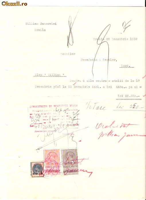 266 Document vechi fiscalizat- William Jancovici, Braila, catre Josefsohn &amp;amp; Zentler, Braila, pentru contrastalii -hartie cu filigran,,ORIGINAL WR