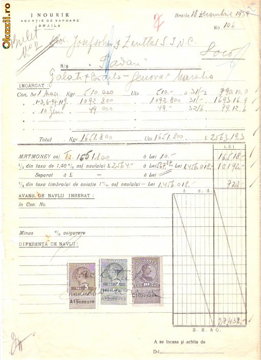 269 Document vechi fiscalizat-1939 - J. Nourik, Agentie de Vapoare, Braila, catre Josefsohn &amp;amp; Zentler,(Braila) -hartie pergament