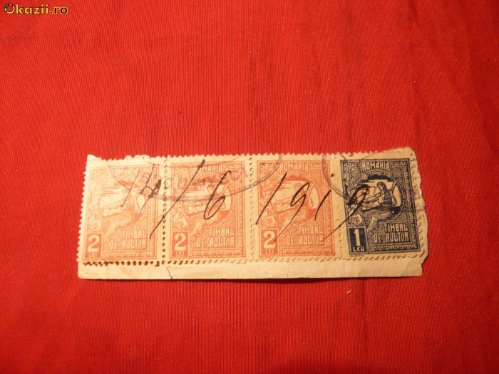 Fragment cu straif 3 timbre 2 Lei + 1Leu T.Ajutor 1919 Fragment cu straif 3 timbre 2 Lei + 1Leu T.Ajutor 1919