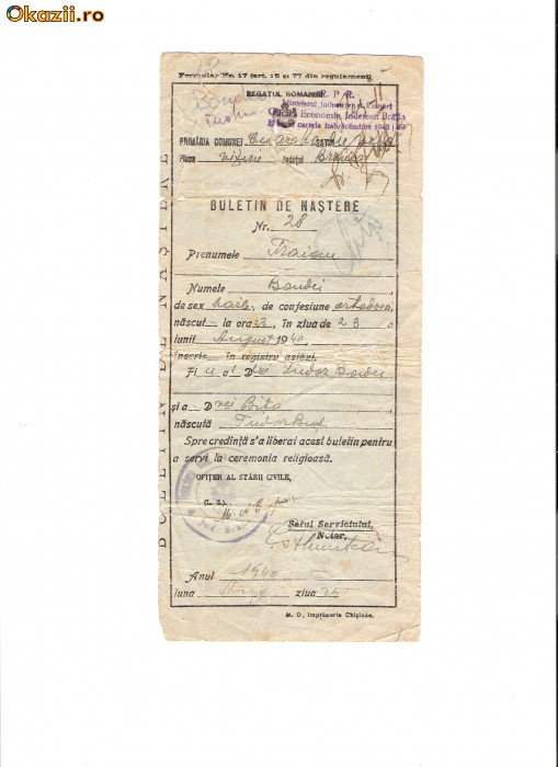 280 Document vechi -25 aug1940 -Buletin de nastere, eliberat de primaria comunei Cioara Radu Negru, plasa Viziru, judetul Braila