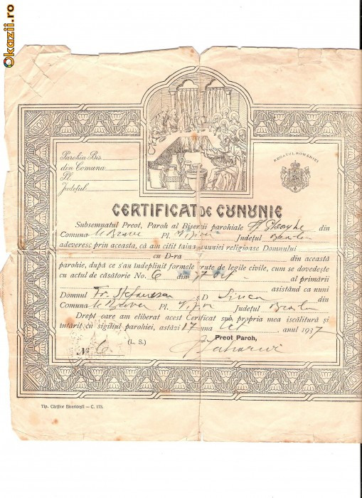 277 Document vechi-17oct1937 - Certificat de cununie -Biserica Sf.Gheorghe, din comuna Mihai Bravu, plasa Viziru, judetul Braila