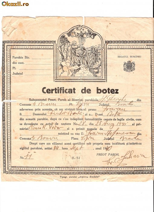 278 Document vechi-14sept1940 - Certificat de botez -pruncul Favian -Biserica Sf.Gheorghe, din comuna Mihai Bravu, plasa Viziru, judetul Braila