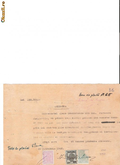 300 Document vechi fiscalizat-30oct1946-Chitanta -Scoala Primara comuna Perisoru(Ianca), jud.Braila-a fost indosariat prin coasere