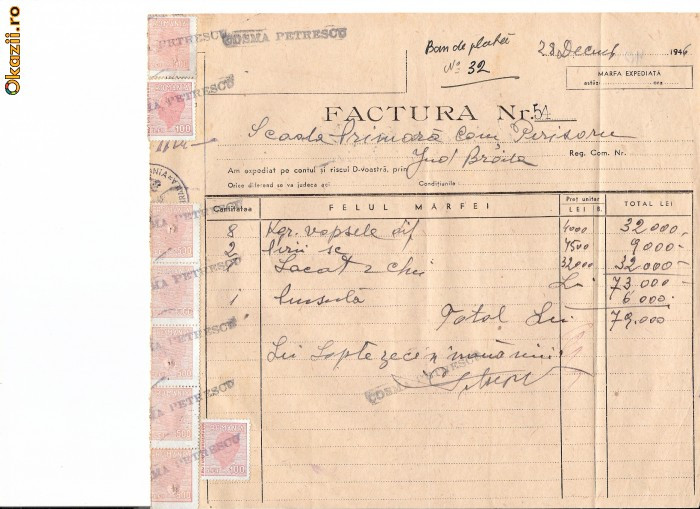 297 Document vechi fiscalizat-28dec1946-Factura nr.54 -Scoala Primara comuna Perisoru(Ianca), jud.Braila-a fost indosariat prin coasere