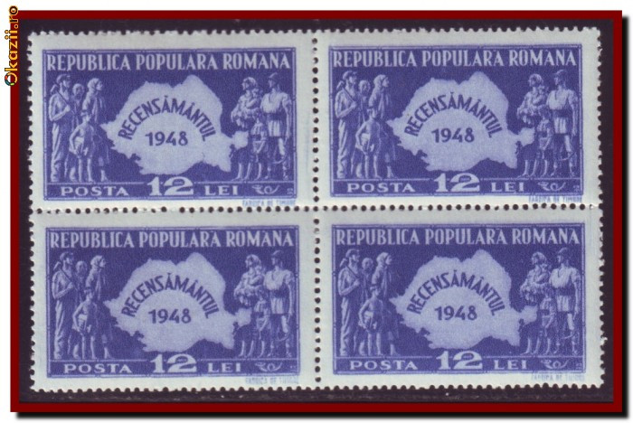 Romania 1948 - Recensamantul RPR, LP 226 bloc de 4 timbre MNH