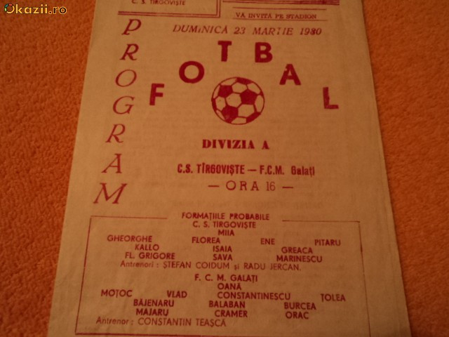Program fotbal CS TARGOVISTE - FCM GALATI 23.03.1980
