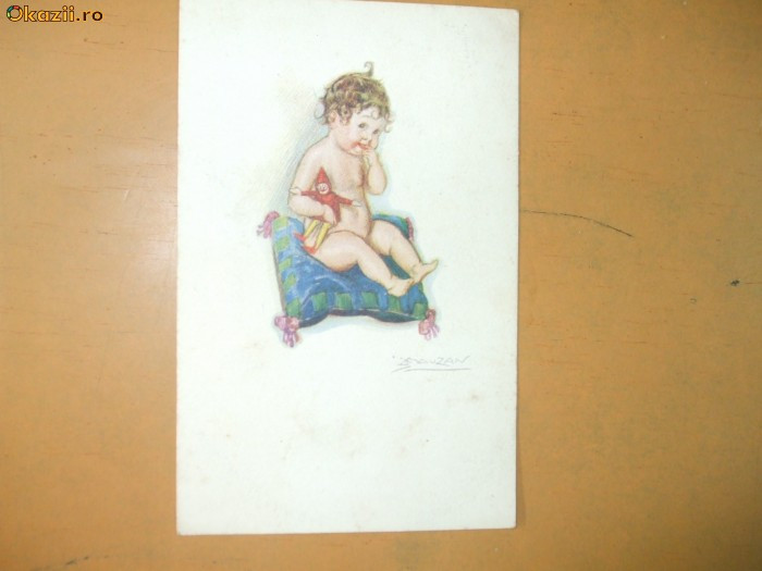 Carte postala Ilustratori desen Mauzan copil cu jucarie pe perna