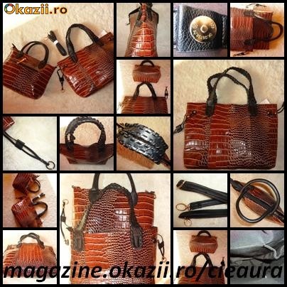Set 2 In 1 Genti De Dama Piele Ecologica Maro Roscat Imitatie Piele De Crocodil Geanta Poseta Femei Geanta Sacosa Coffee Okazii Ro