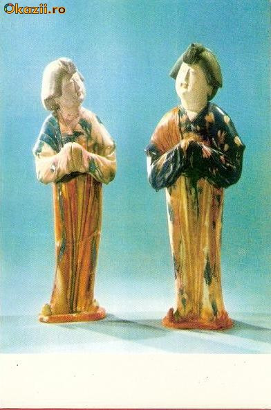 CP 213-10 Figurine feminine pictate si smaltuite din timpul dinastiei Tan(China) -necirculata -starea care se vede -carte postala