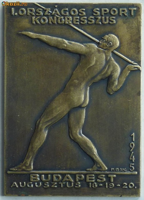 Placheta din bronz , Congresul atletilor , Budapesta , 1945