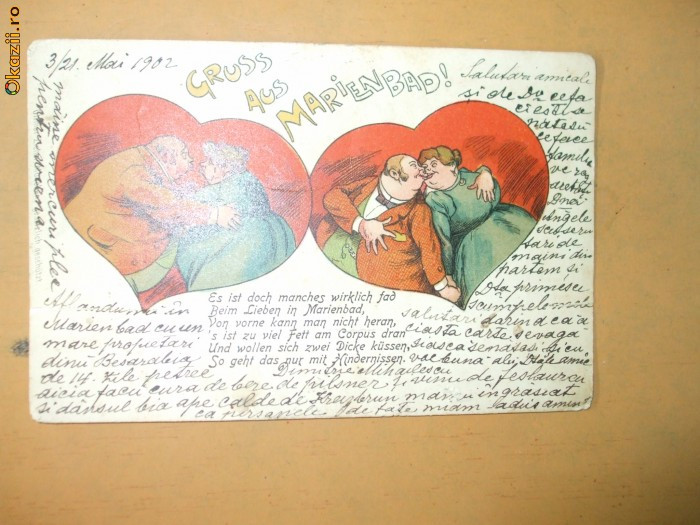 Carte postala caricatura desen ilustrator cuplu Gruss aus Marienbad 1902