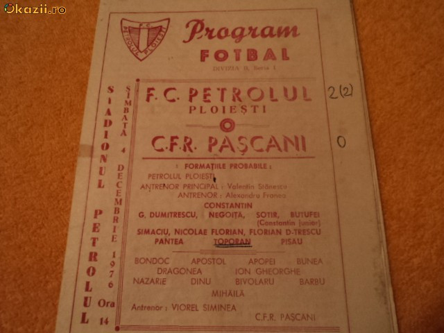 Program fotbal PETROLUL - CFR PASCANI 04.12.1976