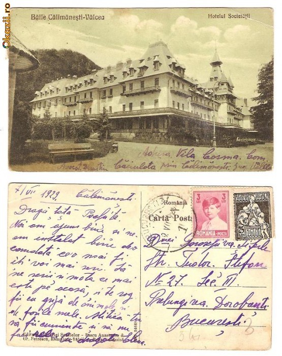 Baile Calimanesti - Valcea - Hotelul Societatii, 1929, circulata Baile Calimanesti - Valcea - Hotelul Societatii, 1929, circulata