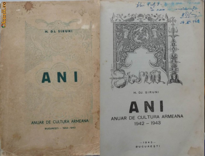 Siruni , Anuar de cultura armeana , 1943 , autograf catre Prof. Munteanu Ramnic