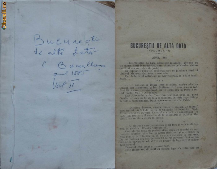 Bacalbasa , Bucurestii de altadata , anul 1885 , vol. 2 , aparut interbelic