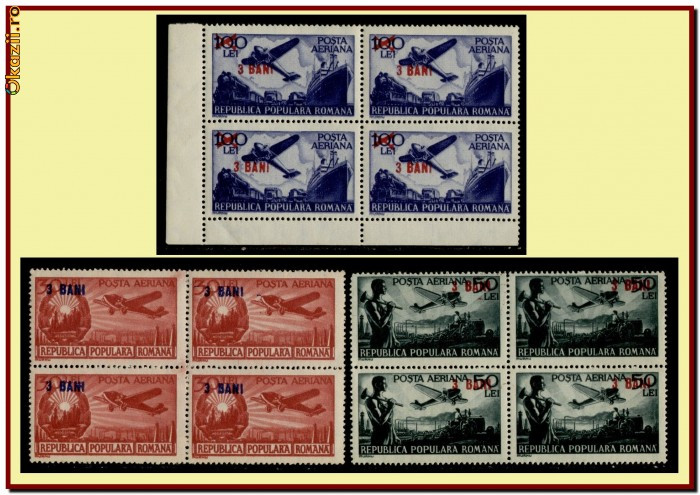 Romania 1952 - Aviatie valori mari cu supratipar, LP 319 blocuri de 4 timbre MNH