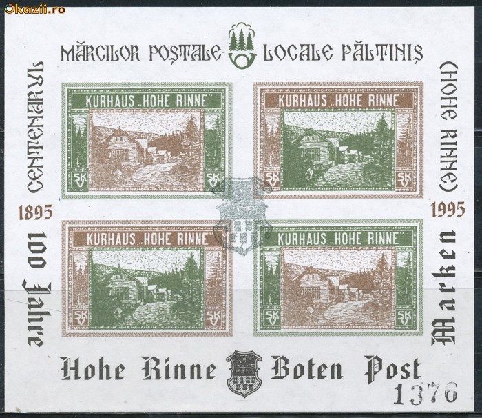 1995 ROMANIA colita bloc de 4 Centenar prima emisiune locala HOHE RINNE Paltinis 1995 ROMANIA colita bloc de 4 Centenar prima emisiune locala HOHE RINNE Paltinis