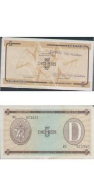 bnk bn Cuba 5 pesos exchange certificate seria D , xf foto