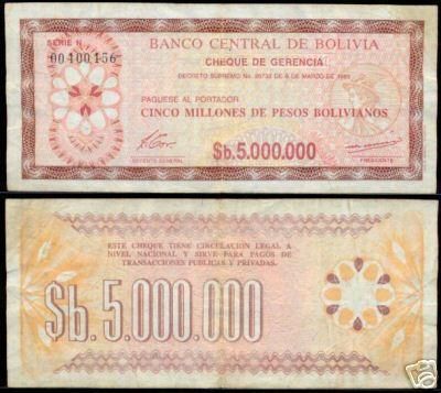 bnk bn Bolivia 5000000 pesos bolivianos 1985 xf , pick 193 foto