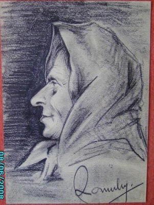 Portret de femeie din Bucovina , in carbune , semnat foto