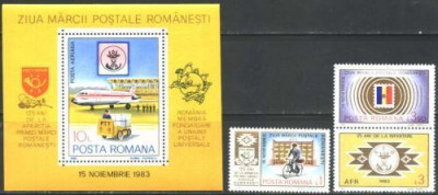 Romania 1983 - ZIUA MARCII POSTALE. POSTAS, serie cu vinieta si colita F163 foto