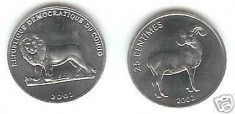 bnk mnd congo democratic 25 centimes 2002 unc , fauna foto