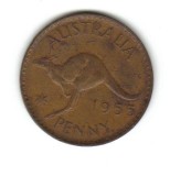 Bnk mnd Australia 1 penny 1955 , fauna, Australia si Oceania