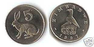 bnk mnd Zimbabwe 5 centi 1997 unc , fauna