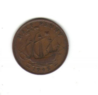 bnk mnd Marea Britanie Anglia 1/2 penny 1945 corabie foto
