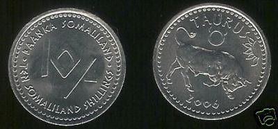 bnk mnd Somaliland 10 shillings 2006 unc , taur foto