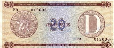 bnk bn Cuba 20 pesos exchange certificate , seria D , unc foto
