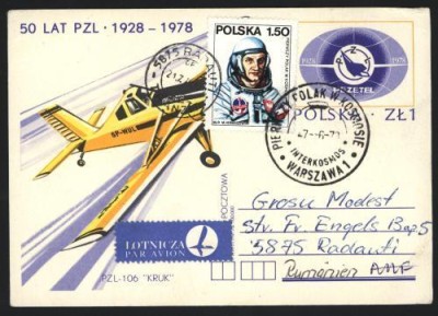 C.P. , Aerofilatelie , circulata Polonia - Romania , 1978 foto