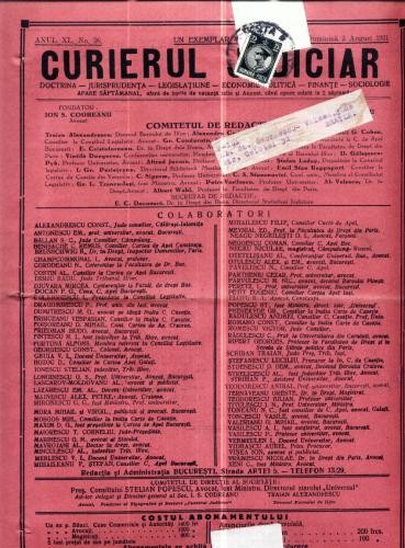 A55 Curierul Judiciar -Anul XL No. 26 - 2 August 1931 -timbru A55 Curierul Judiciar -Anul XL No. 26 - 2 August 1931 -timbru