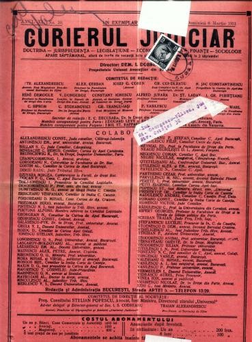 A58 Curierul Judiciar -Anul XL No. 10 - 8 Martie 1931 -timbru A58 Curierul Judiciar -Anul XL No. 10 - 8 Martie 1931 -timbru