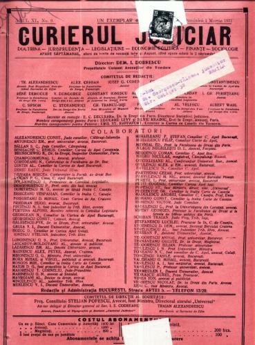 A59 Curierul Judiciar -Anul XL No. 9 - 1 Martie 1931 -timbru A59 Curierul Judiciar -Anul XL No. 9 - 1 Martie 1931 -timbru